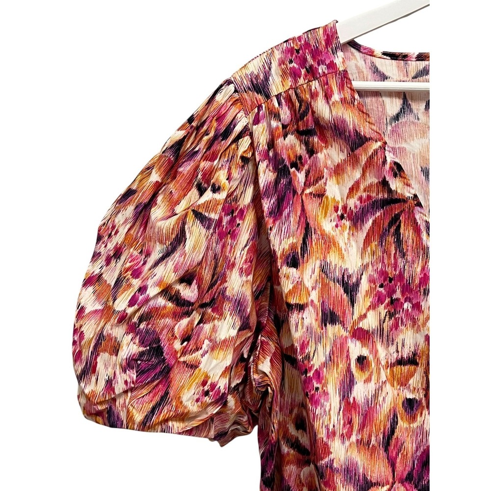 CeCe Puff Sleeve Top Womens 3X Pink Orange Floral V-Neck Abstract Feminine NEW - Picture 5 of 7